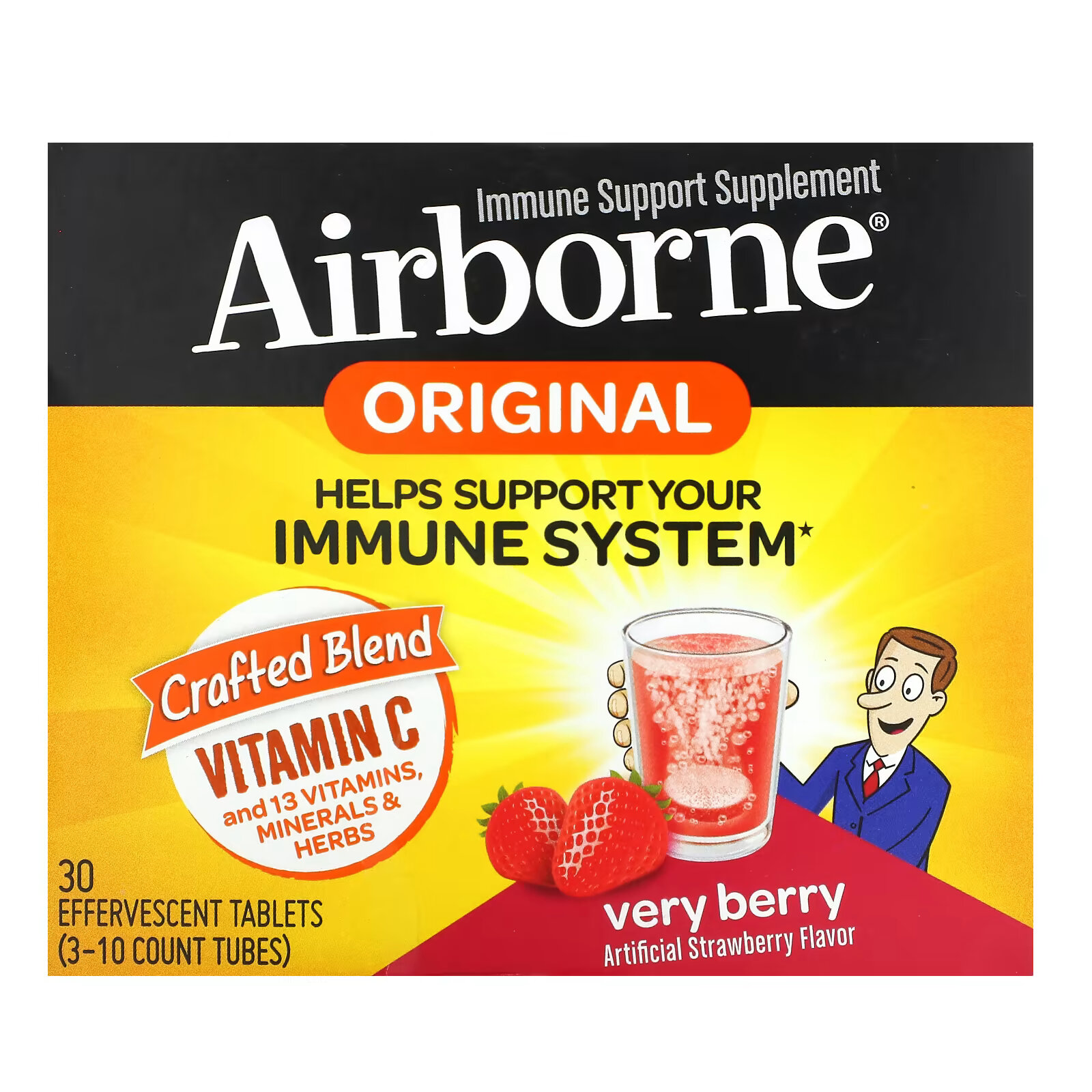 AirBorne, Добавка для поддержки иммунитета, ягоды, 3 тюбика, 10 шипучих таблеток в каждой airborne добавка для поддержки иммунной системы со вкусом апельсина 3 пробирки по 10 шипучих таблеток