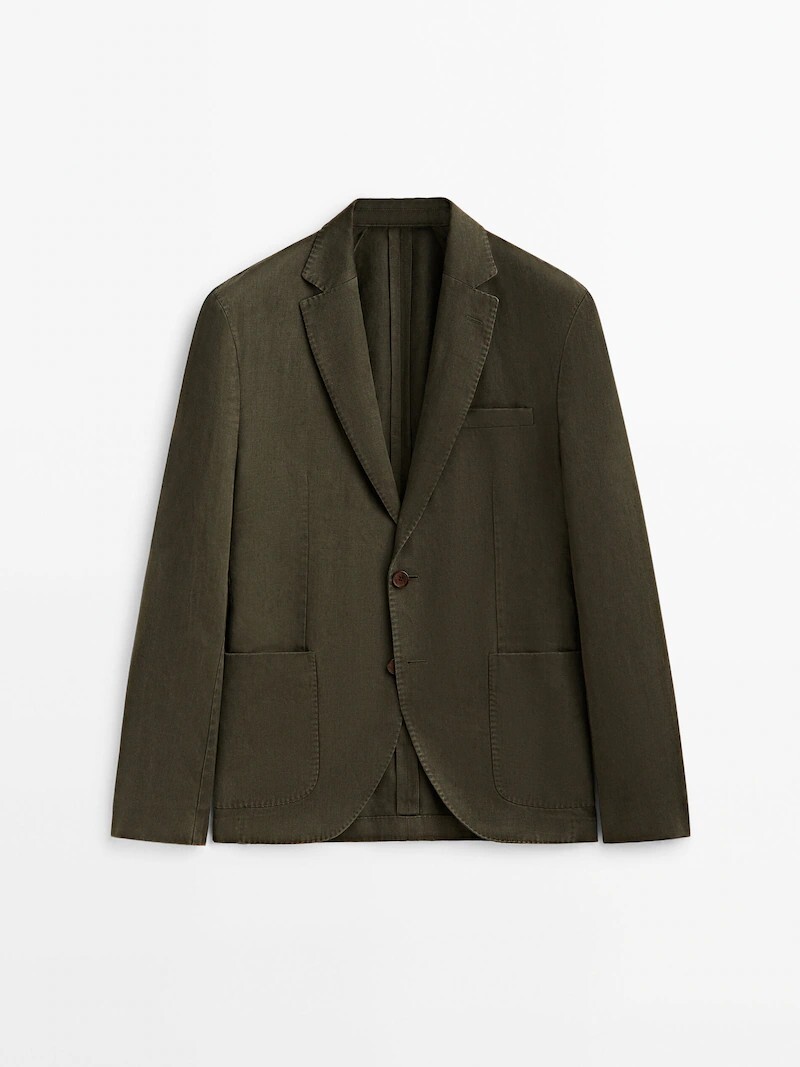 

Пиджак из окрашенного льна Massimo Dutti, цвет хаки