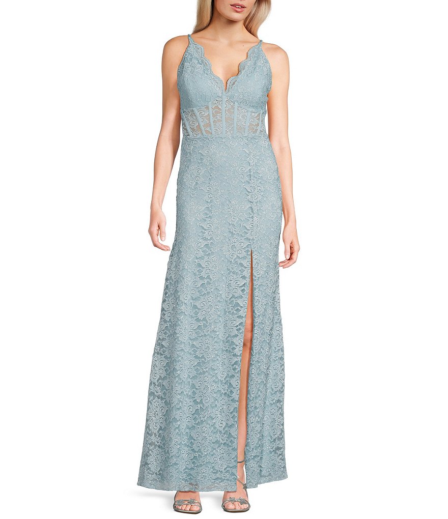 Длинное блестящее кружевное платье на тонких бретельках без рукавов с зубчатым V-образным вырезом, иллюзией, корсетом и лифом с разрезом по краю Morgan & Co., синий
