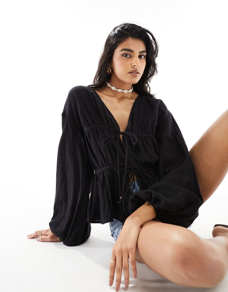 

ASOS DESIGN – черный топ свободного кроя с длинными рукавами и завязками