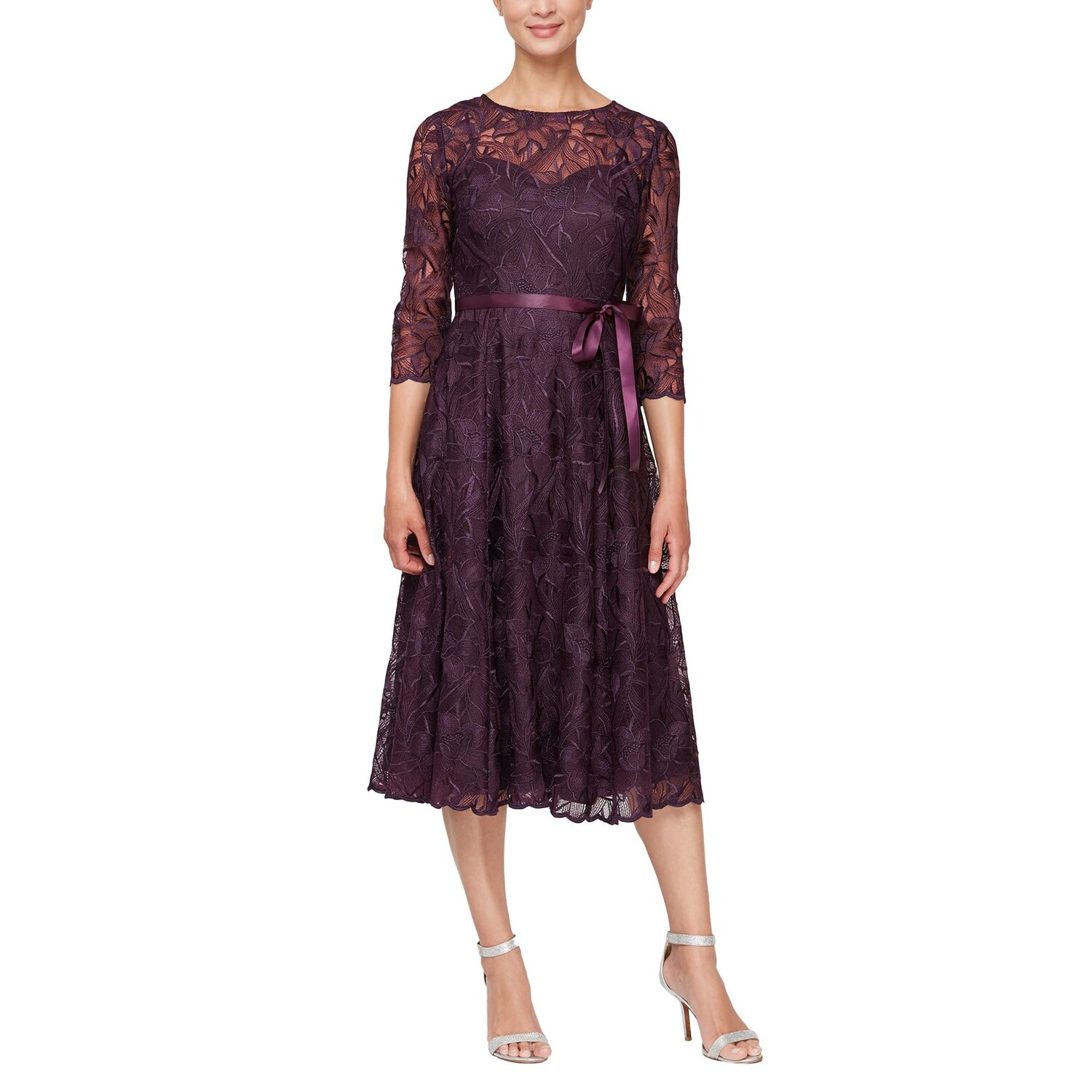 

Платье Alex Evenings, Midi Length Embroidered A-Line Dress with Tie Belt