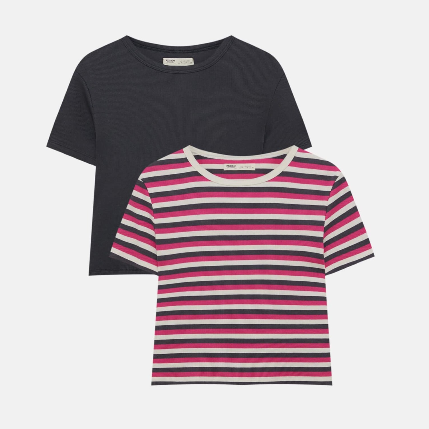 

Комплект базовых футболок Pull&Bear в рубчик, 2 штуки, темно-серый/розовый