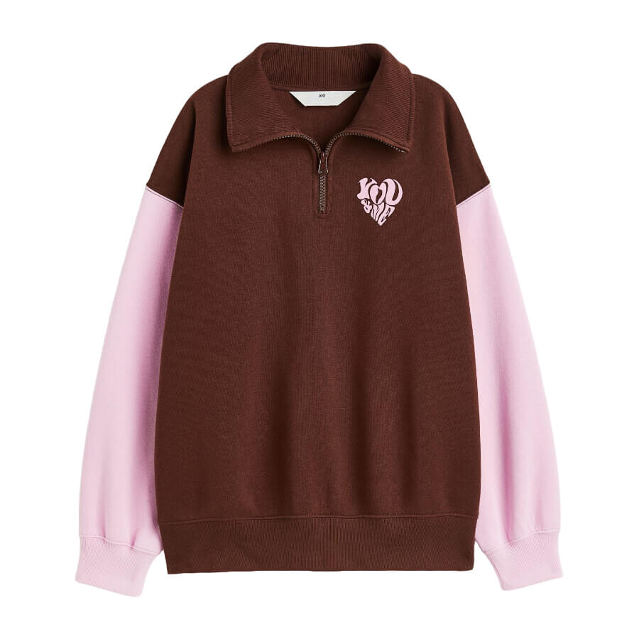 

Свитшот H&M Oversized Half-zip, темно-коричневый/розовый