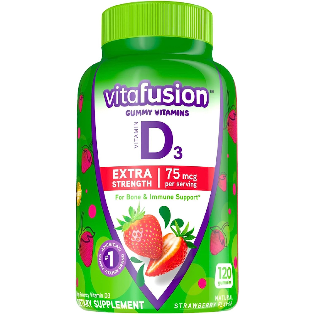 Витамин D3 Vitafusion Extra Strength Gummy Strawberry Flavored Bone and Immune System Support, 120шт vitafusion жевательные витамины b12 энергетическая поддержка натуральный малиновый вкус 500 мкг 60 жевательных таблеток