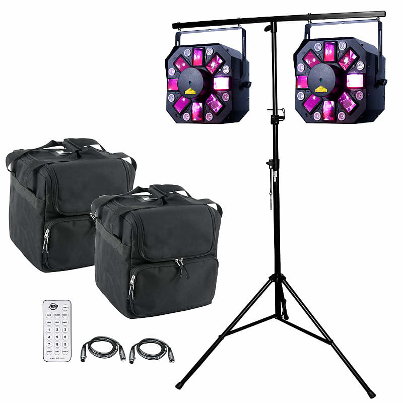 2 Лазерная УФ-лампа ADJ Stinger II 3-FX-IN-1 Moonflower + подставка + футляры American DJ 2 ADJ Stinger II 3-FX-IN-1 Moonflower Laser UV Effect Lights + Stand + Cases