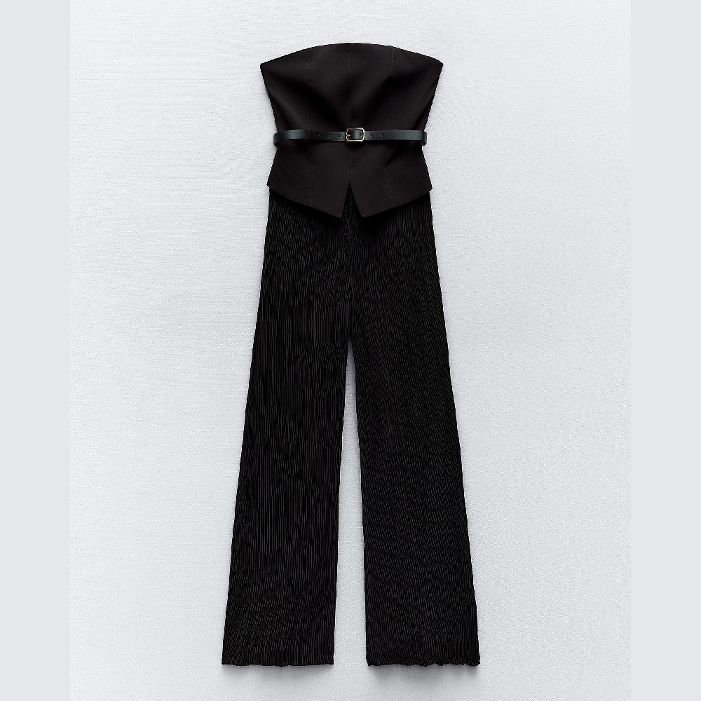 Комбинезон Zara Pleated Belted Contrast, черный женский комбинезон с открытыми плечами элегантный пикантный офисный комбинезон со складками и длинными брюками с широкими штанинами длин