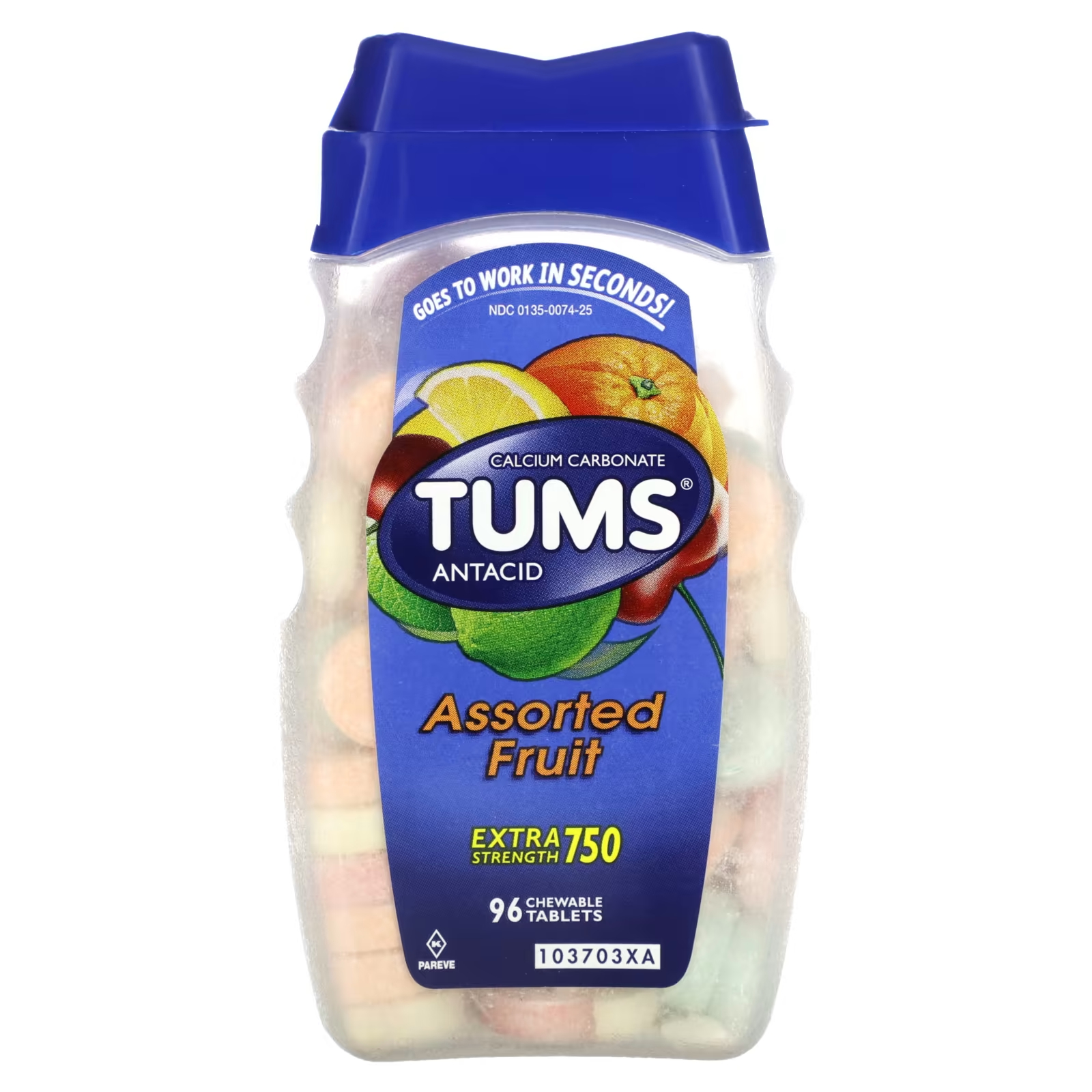 цена Антацидная добавка Tums Extra Strength фруктовое ассорти, 96 жевательных таблеток
