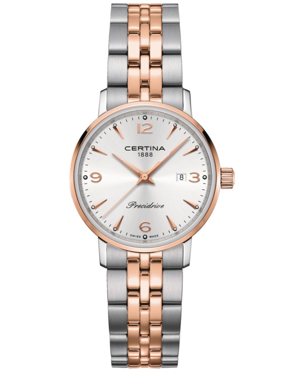 цена Женские швейцарские часы DS Caimano с двухцветным браслетом из нержавеющей стали, 28 мм Certina, серебро