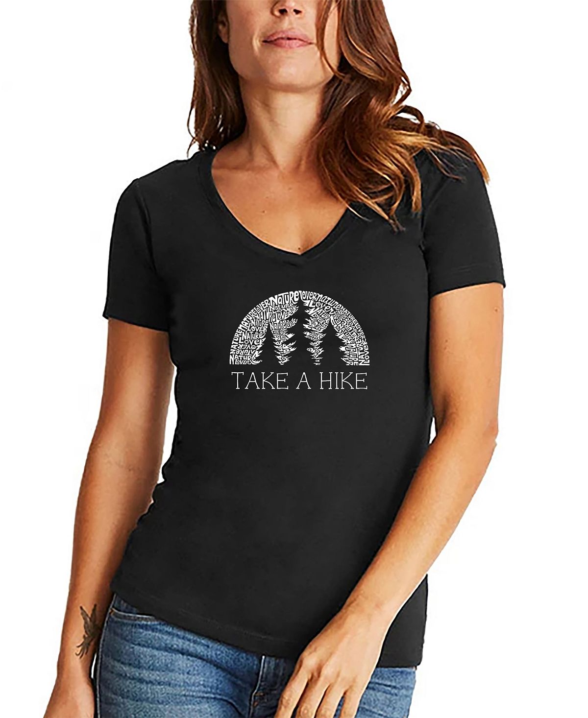 Женская футболка nature lover word art с v-образным вырезом LA Pop Art, черный иди в поход