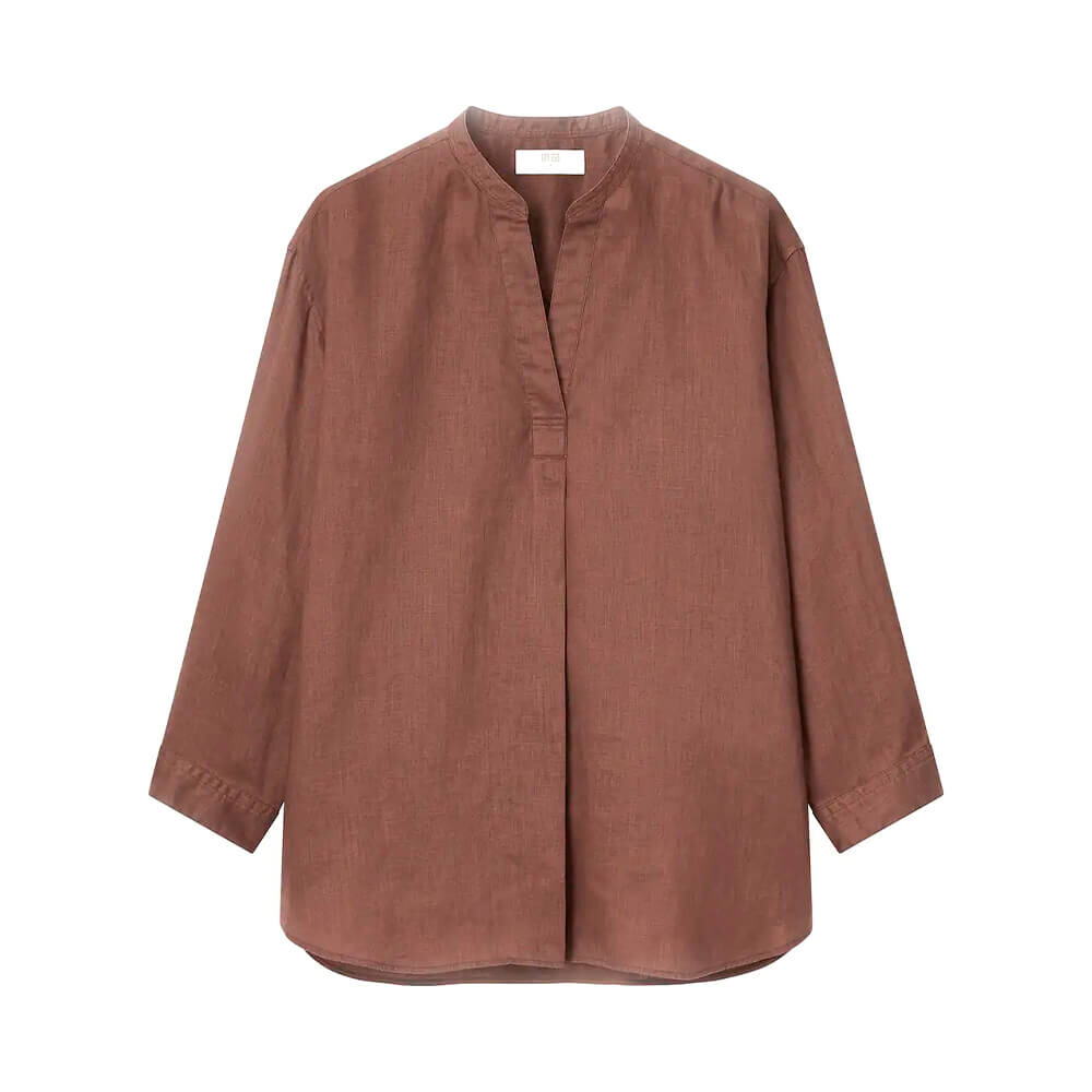 

Рубашка Uniqlo 100% Linen Skipper Collar 3/4 Sleeve, коричневый