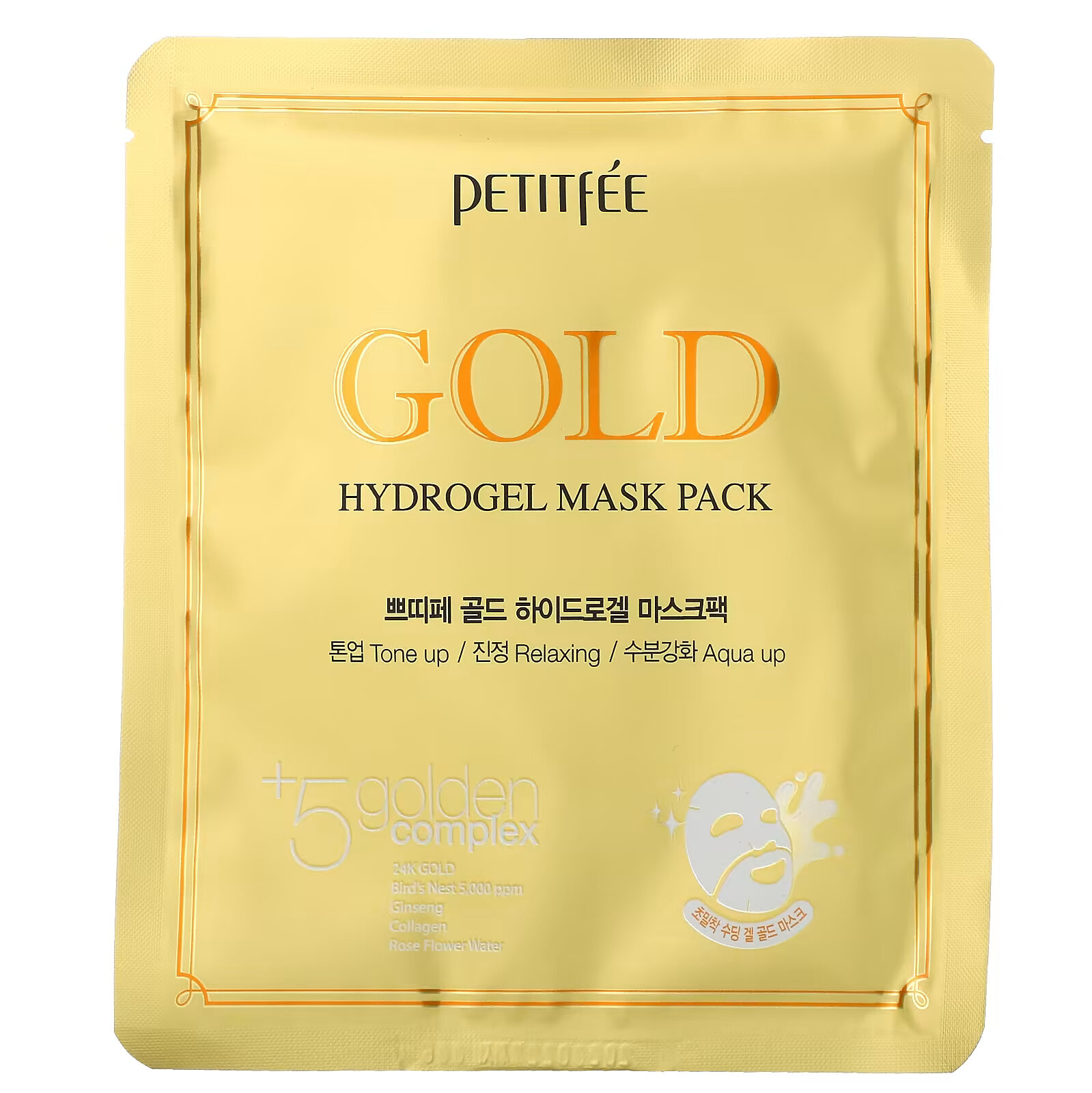 Petitfee, гидрогелевая маска для лица с золотом, 5 шт. petitfee гидрогелевая маска для лица с золотом и черным жемчугом 5 шт по 32 г