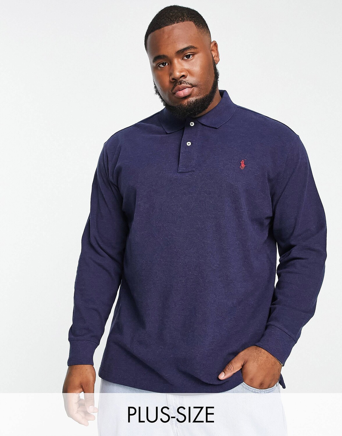 

Темно-синее меланжевое поло с длинными рукавами из пике Polo Ralph Lauren Big & Tall, Синий