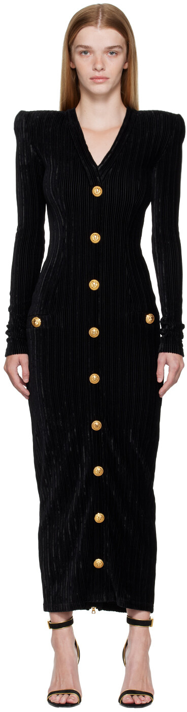 

Черное платье-макси с v-образным вырезом Balmain