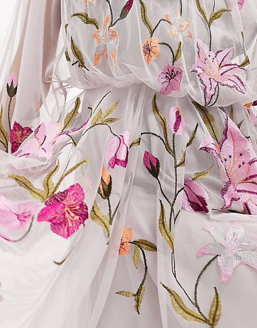 Розовое сетчатое платье мини с длинными рукавами и цветочной вышивкой ASOS EDITION
