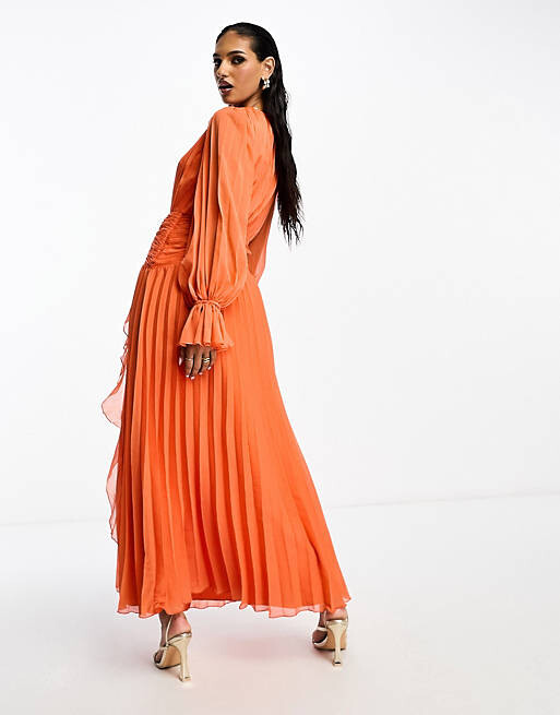 

Оранжевое платье макси со сборками и поясом ASOS DESIGN