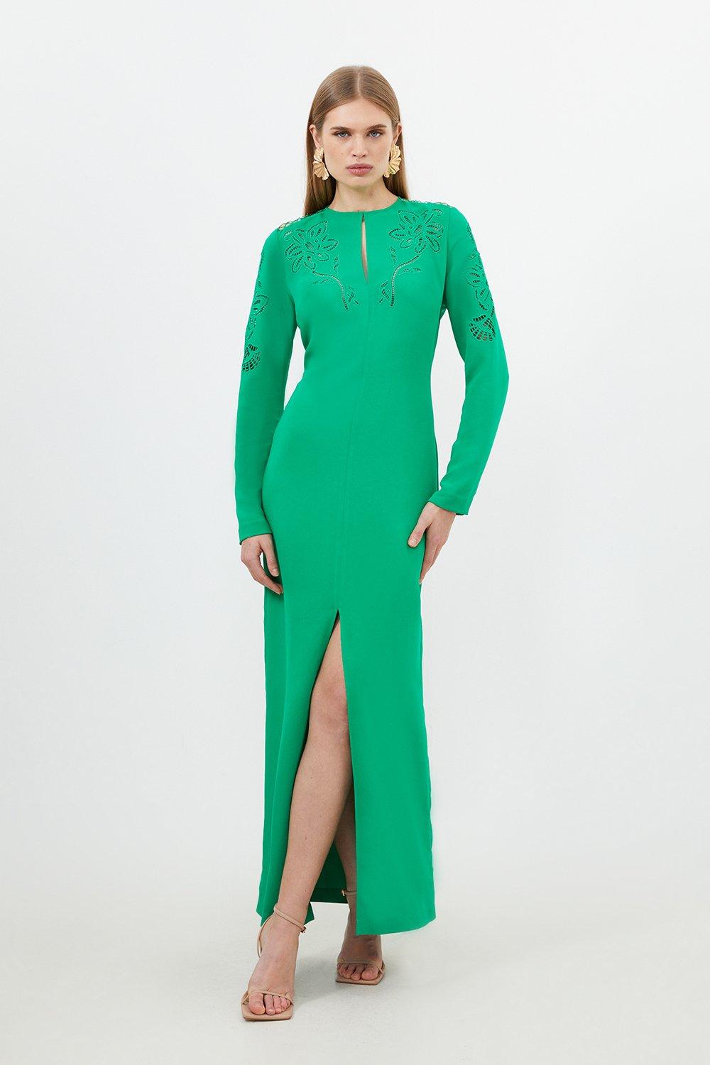 платье макси с длинными рукавами karen millen зеленый Тканое платье макси с длинными рукавами и вырезами премиум-класса из кади Karen Millen, зеленый