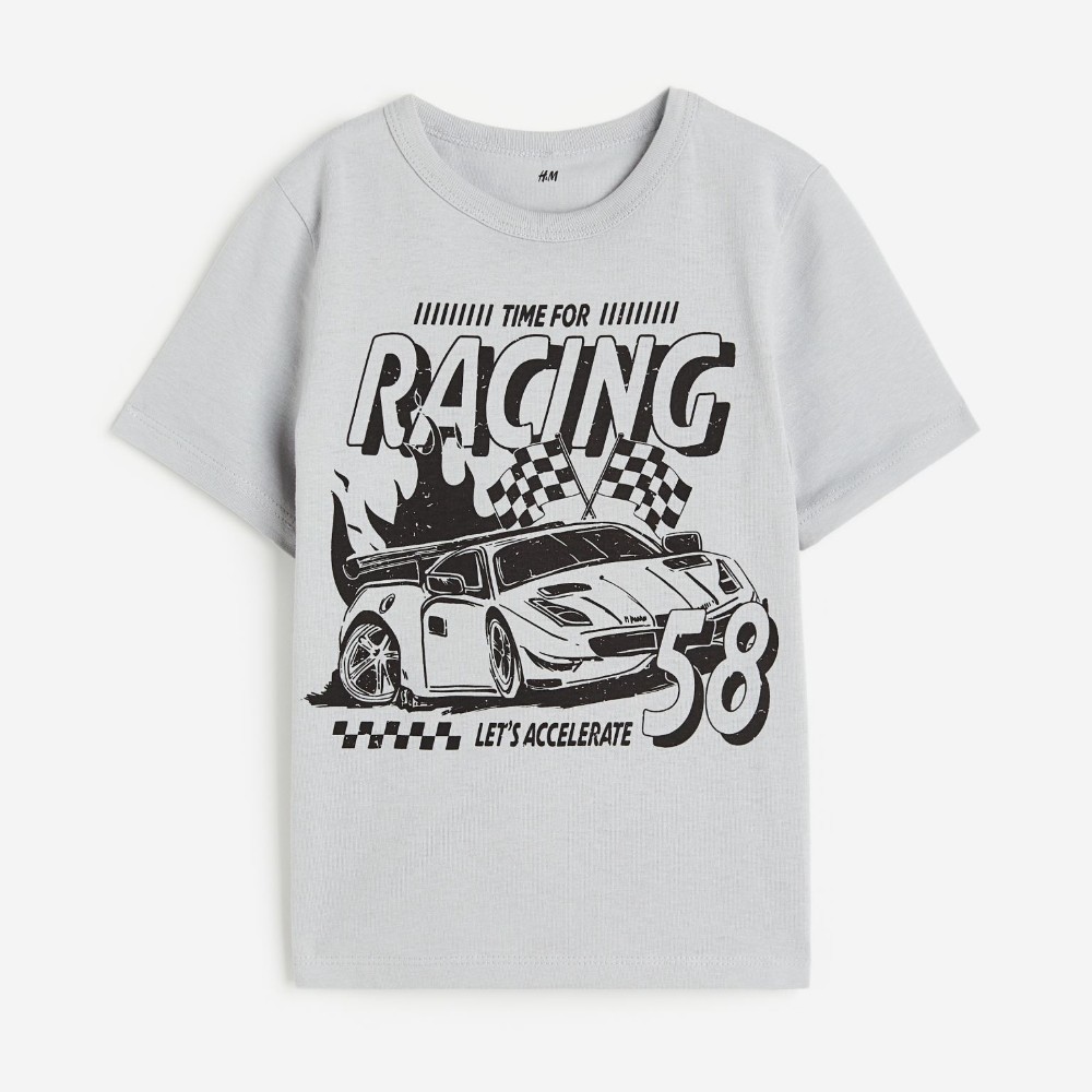 Футболка H&M Kids Printed Cotton Racing Car, светло-серый