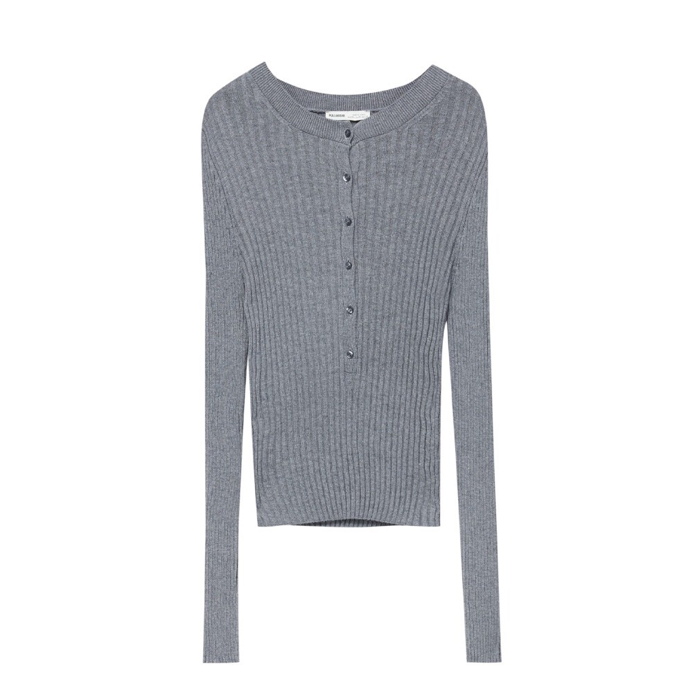 

Джемпер Pull&Bear Ribbed Henley Collar, серый