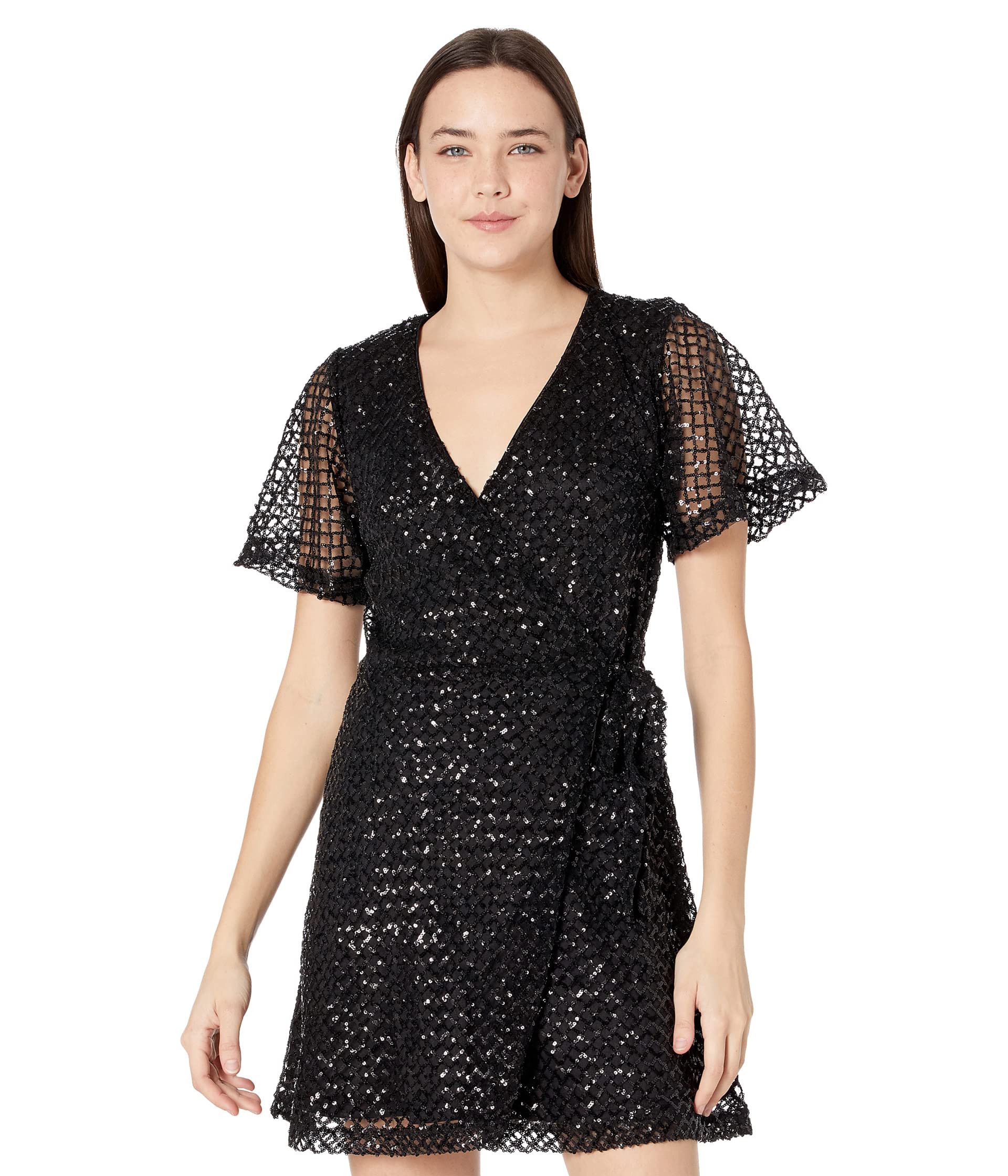 Платье Rock and Roll Cowgirl, All Over Sequins Wrap Dress with Sheer Sleeve D5-2336