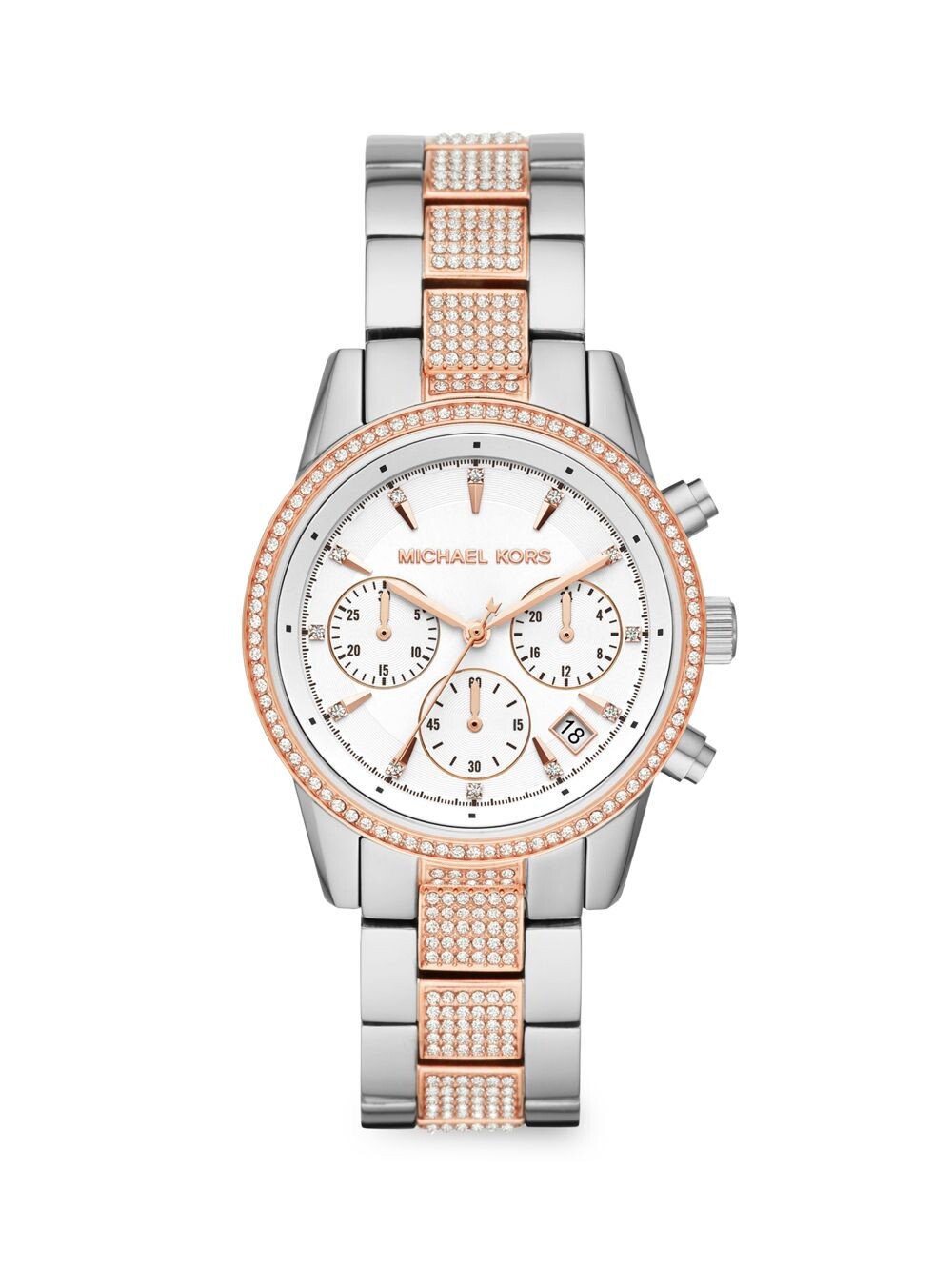 

Часы Ritz Chronograph с двухцветным браслетом из нержавеющей стали Michael Kors, серебряный