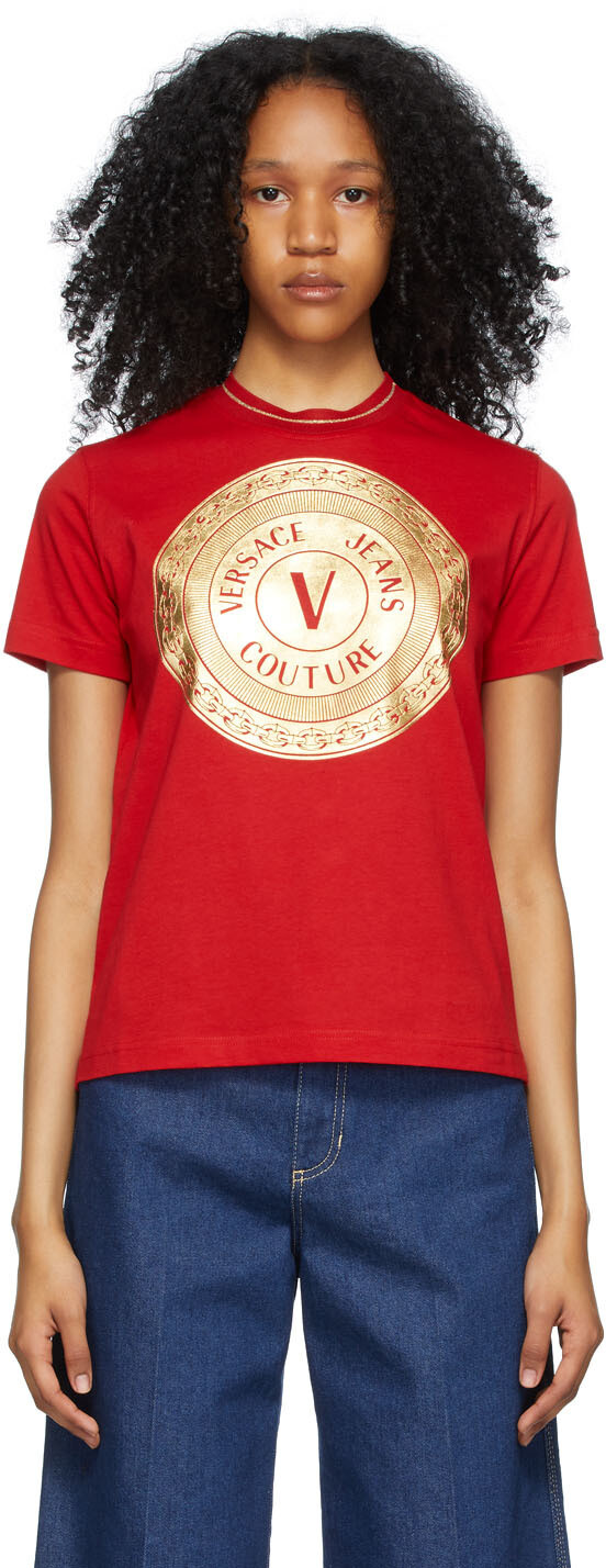 

Красно-золотая футболка с V-образной эмблемой Versace Jeans Couture