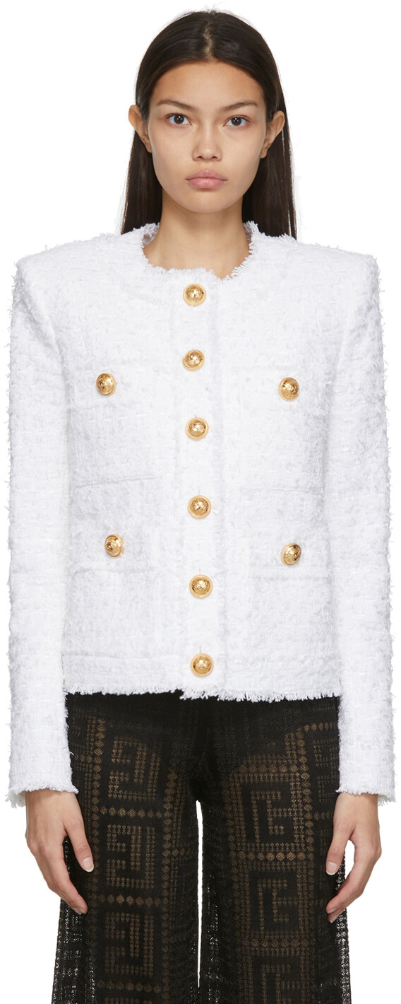 

Белый твидовый жакет Balmain