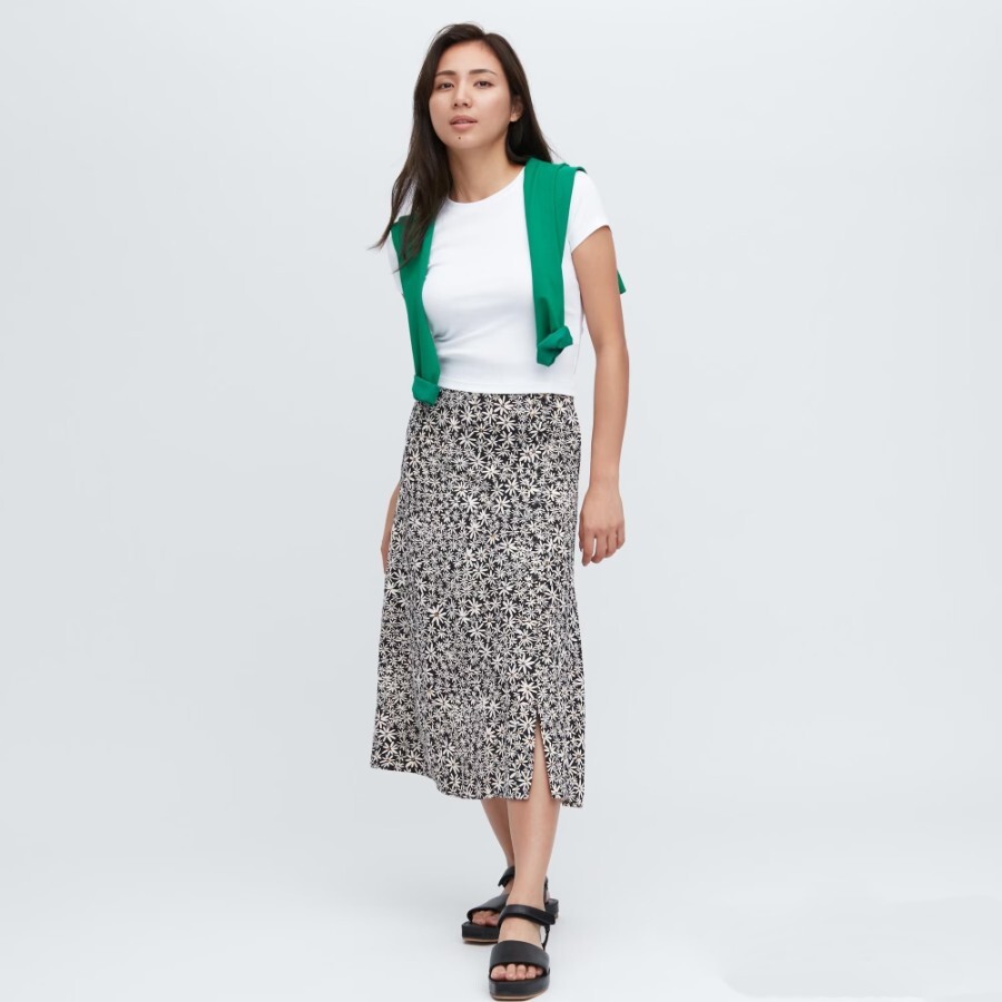

Юбка Uniqlo Split Hem Flower Print Midi, черный