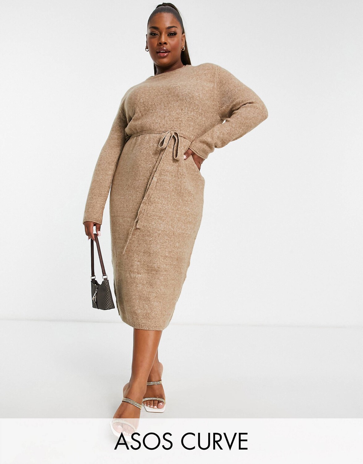 

Серо-коричневое трикотажное платье миди с завязками на талии ASOS DESIGN Curve