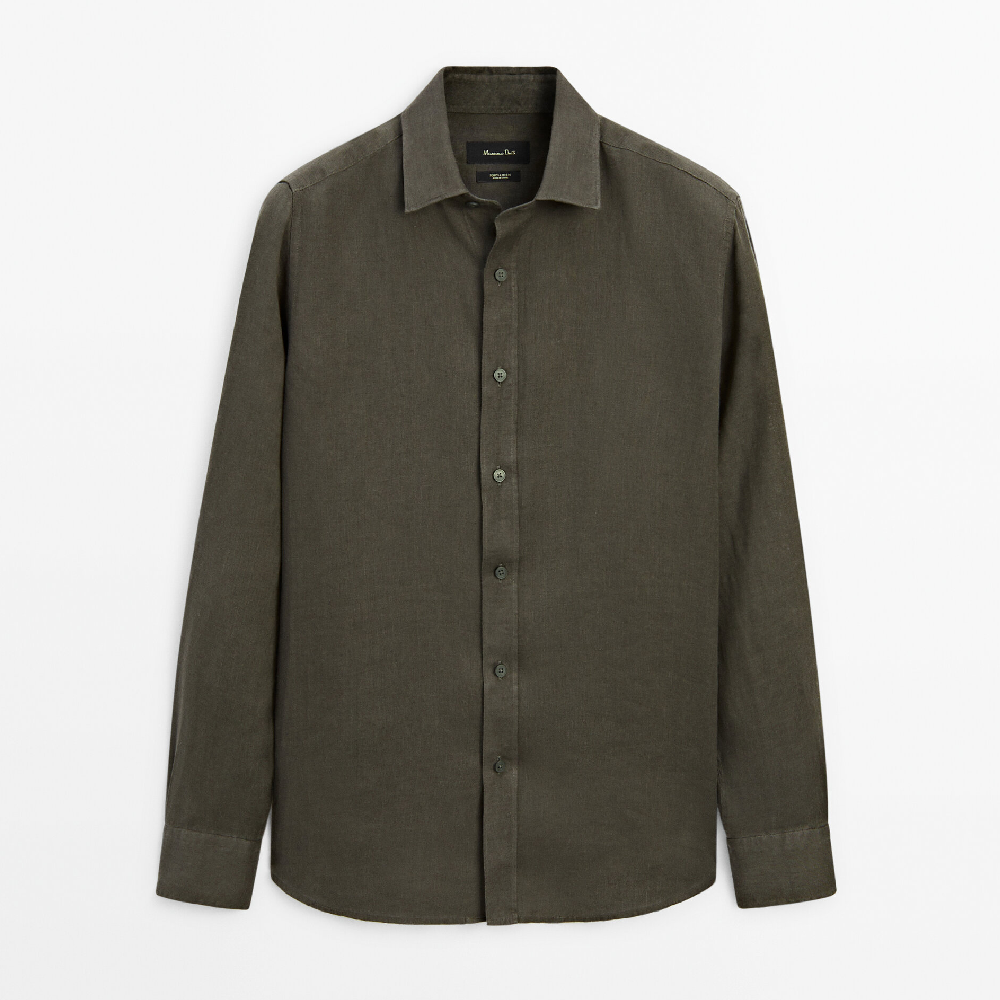 цена Рубашка Massimo Dutti Dyed Thread Regular Fit Linen, темно-зеленый