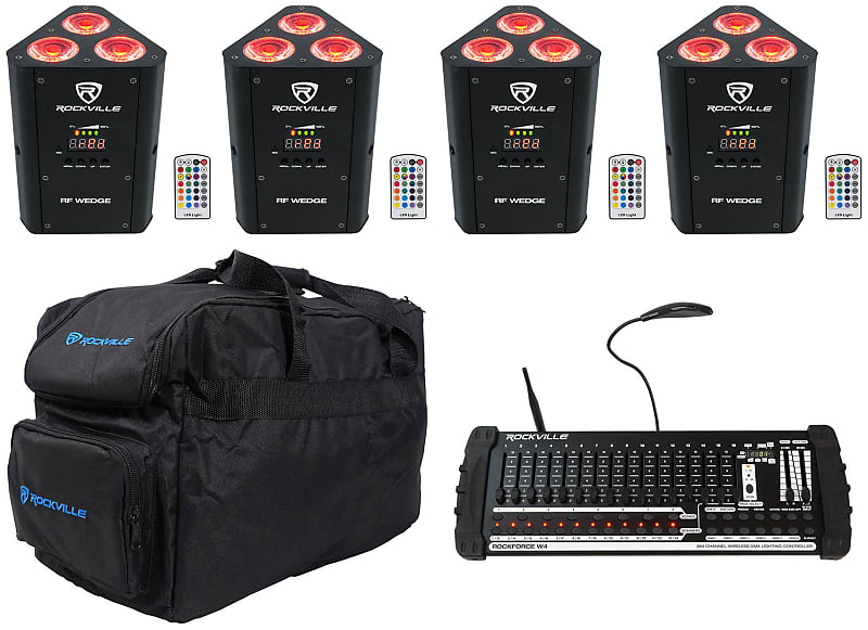 Комплект Rockville RF WEDGE BLACK RGBWA + UV Wireless DMX Lights + 384 Ch, Контроллер + Сумки RF WEDGE BLACK + Rockforce W4 + RLB30