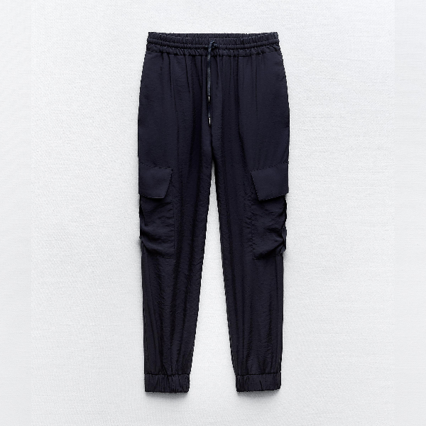 Брюки Zara Cargo With Elasticated Waistband, темно-синий брюки zara cropped with elasticated waistband бежевый
