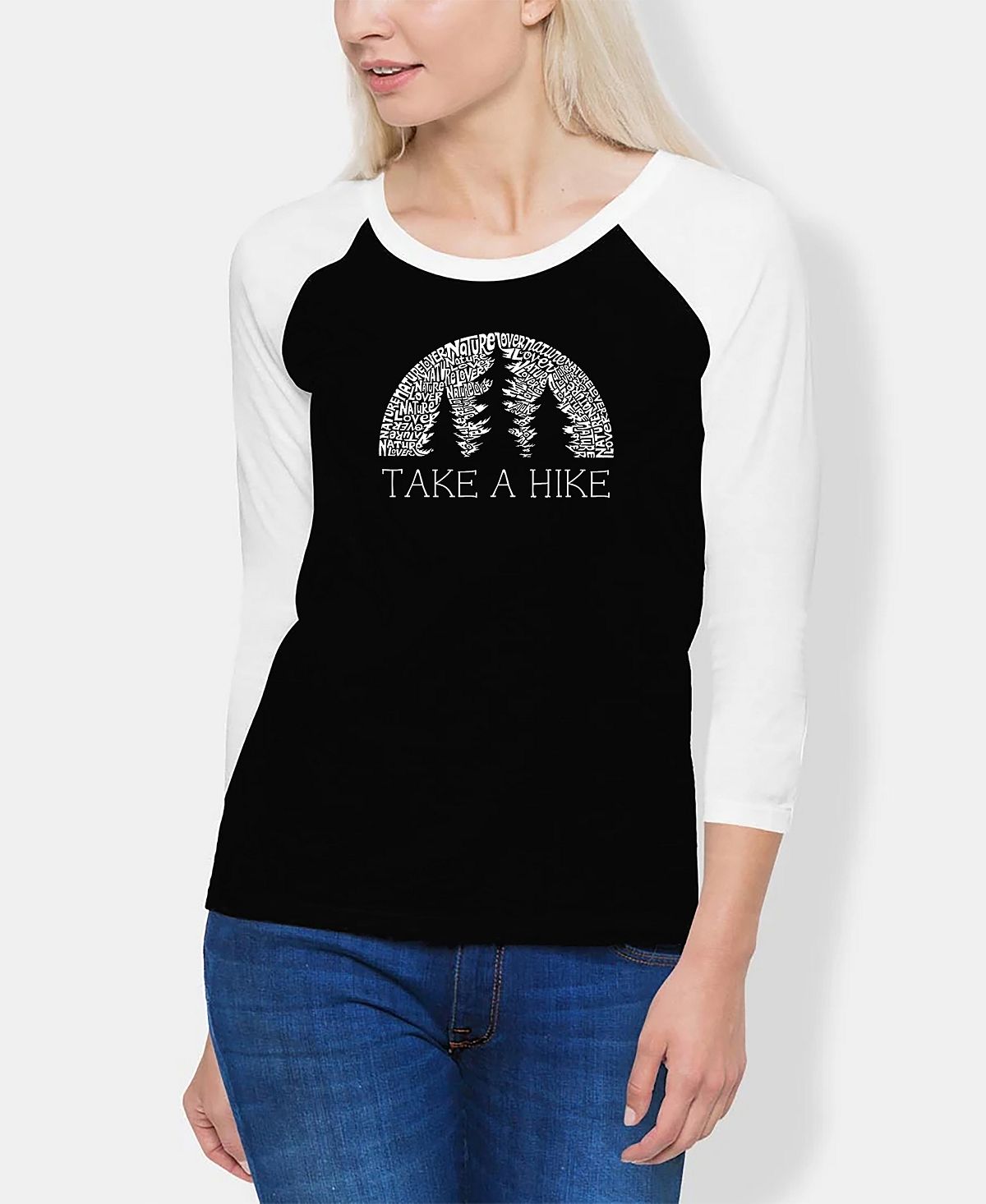 Женская футболка реглан nature lover word art LA Pop Art, черно-белый иди в поход