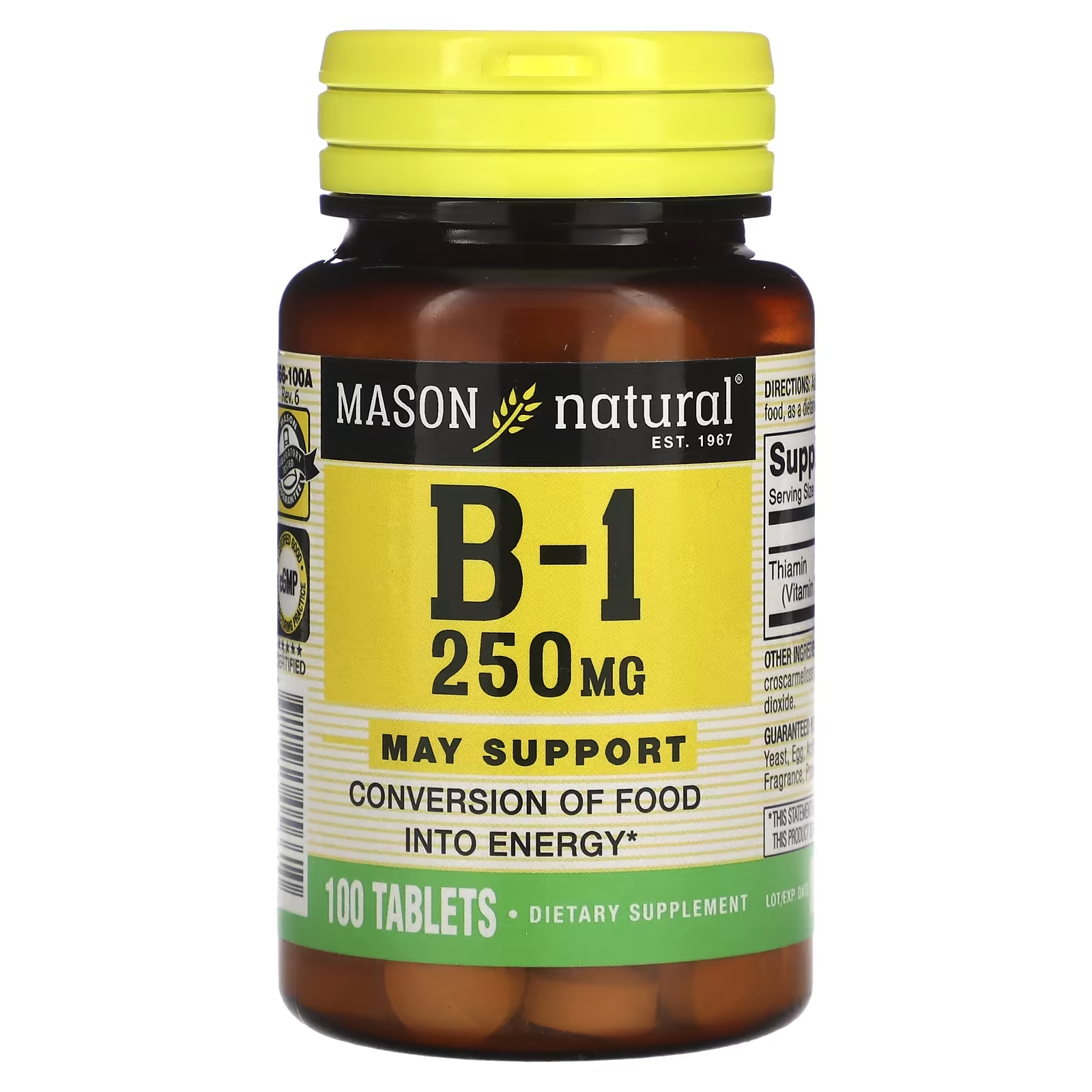 Витамин В1 Mason Natural, 100 таблеток яблочный уксус mason natural особой крепости 100 таблеток