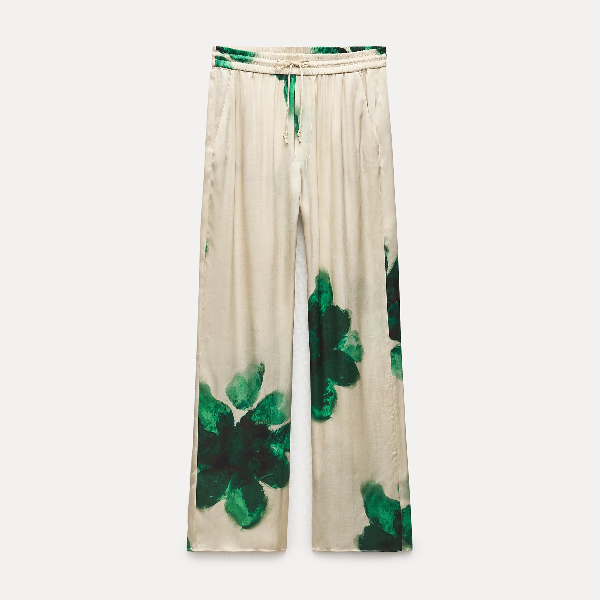 Брюки Zara Zw Collection Printed Pyjama-style, кремовый/зеленый