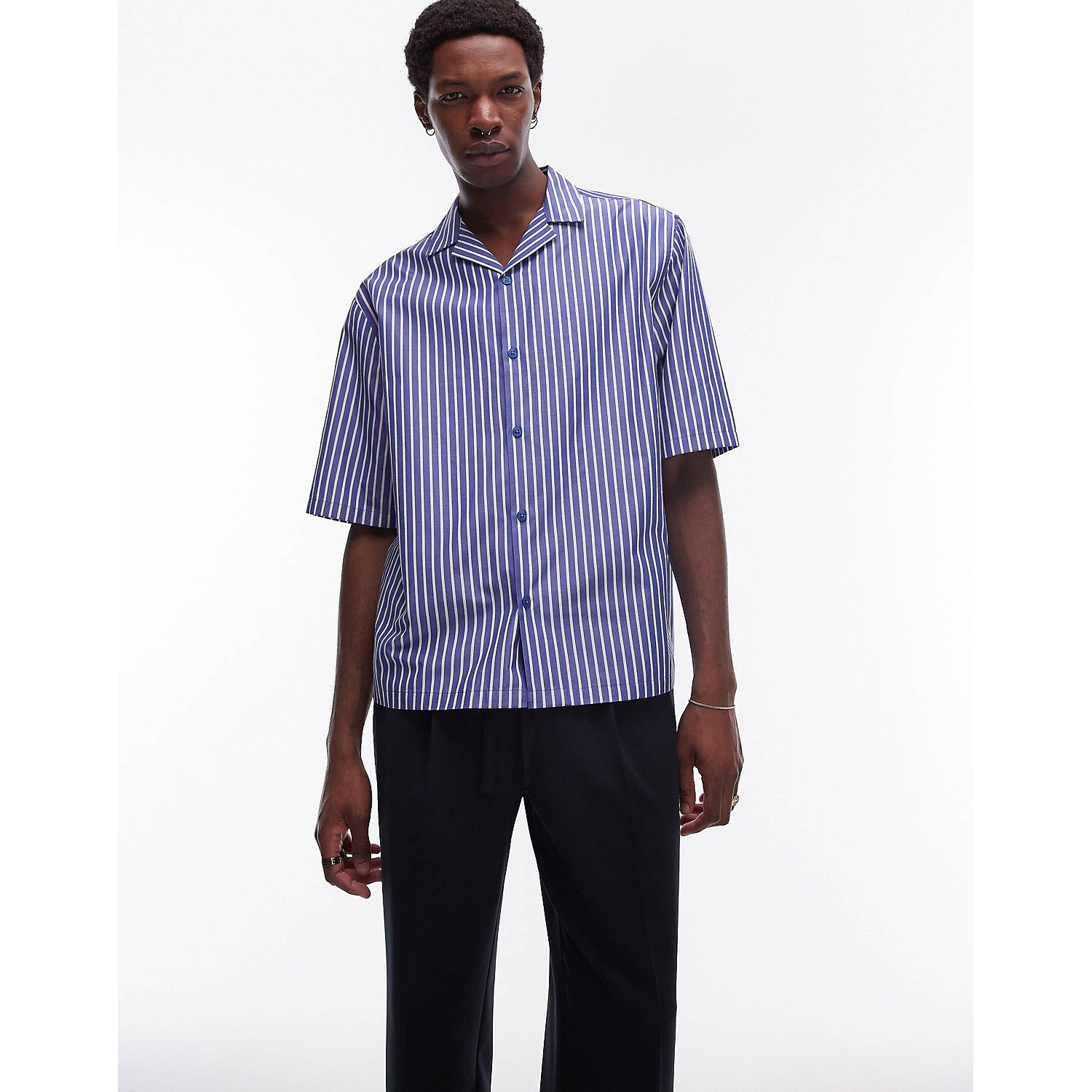 Рубашка Topman Short Sleeve Boxy Stripe, синий блузка в полоску с короткими рукавами 2 m бежевый