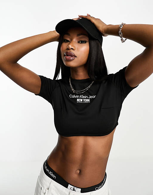 

Черный укороченный топ с короткими рукавами на косточках Calvin Klein