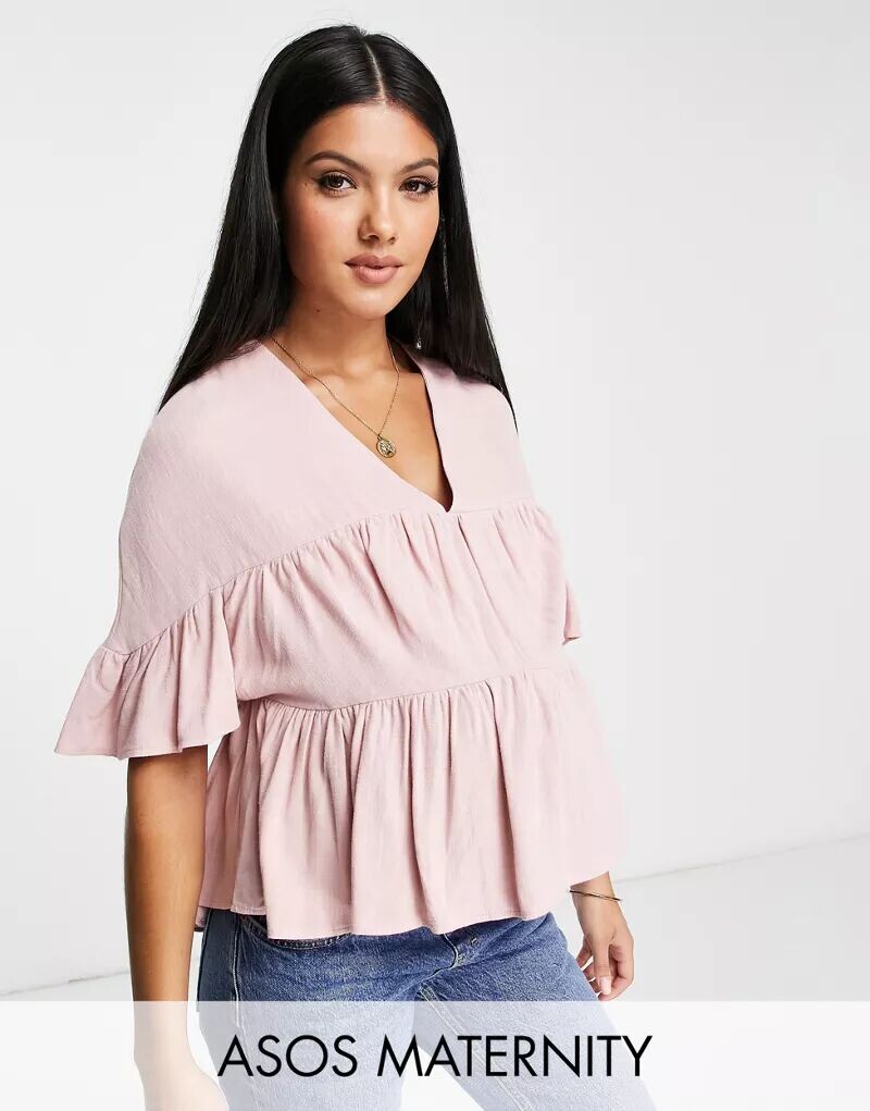 

Розовый многоярусный топ с рюшами на рукавах ASOS DESIGN Maternity