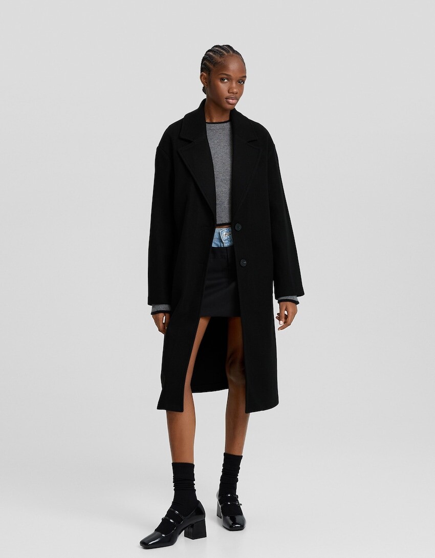 

Длинное мягкое пальто Bershka, черный