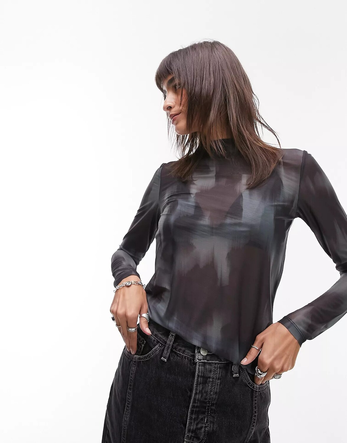 

Водолазка Topshop Abstract Blurr High Neck Long Sleeve, черный/серо-голубой
