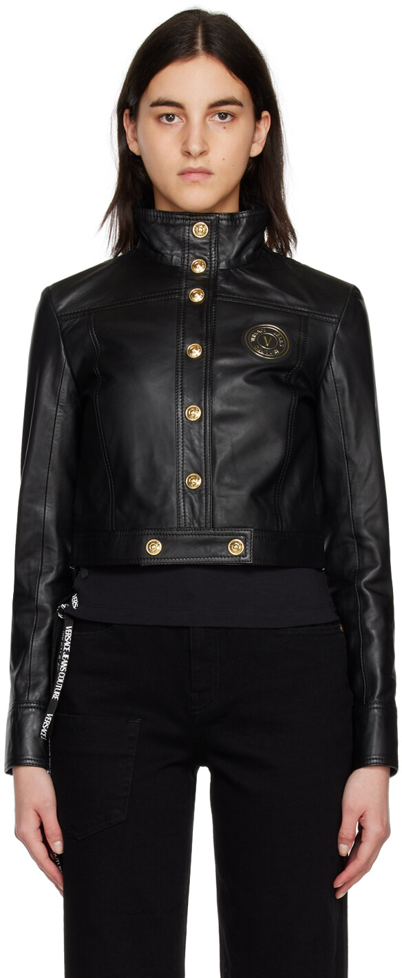 

Черная кожаная куртка с V-образной эмблемой Versace Jeans Couture, Черный