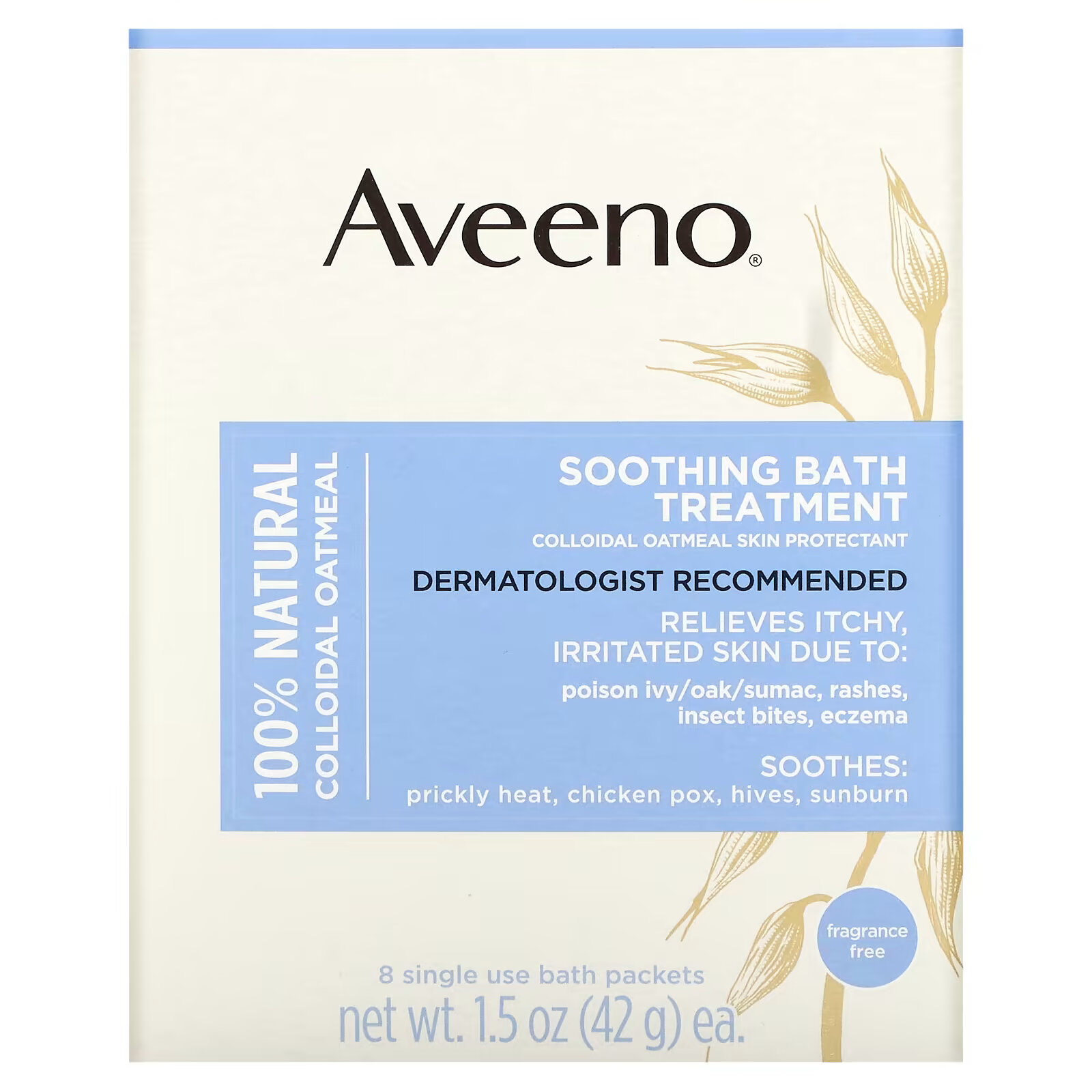Aveeno, Active Naturals, успокаивающее средство для ванны, без запаха, 8 пакетиков для ванны одноразового применения, 42 г (1,5 унции) каждый. aveeno успокаивающее средство для принятия ванн при экземе у детей без запаха 5 пакетиков 106 г 3 75 унций