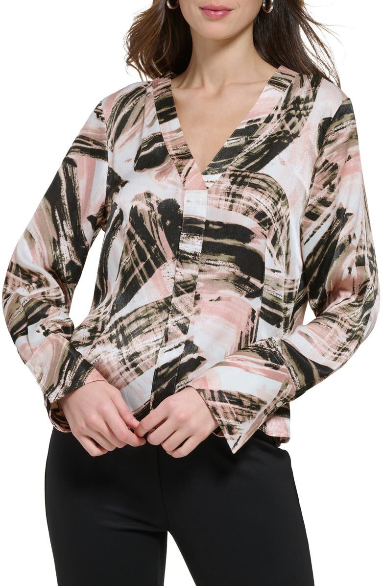 

Плиссированная блузка с абстрактным принтом и v-образным вырезом DKNY