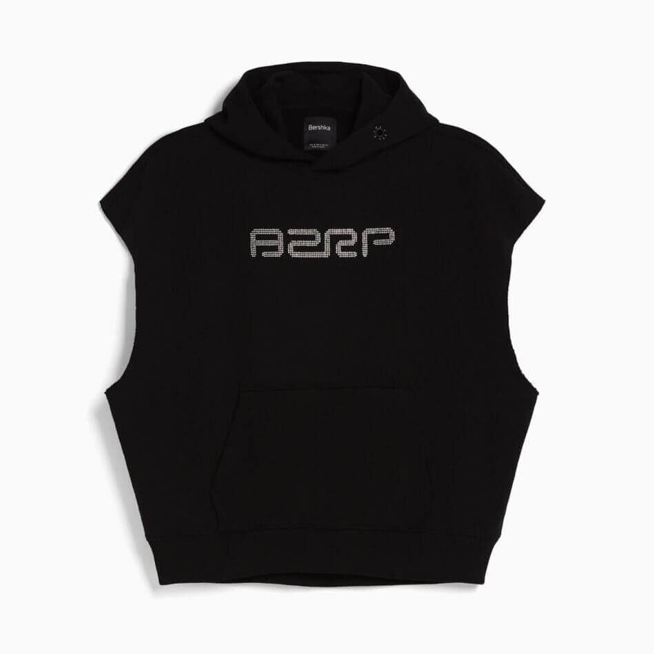 

Худи Bershka Bizarrap Sleeveless With Rhinestones, черный