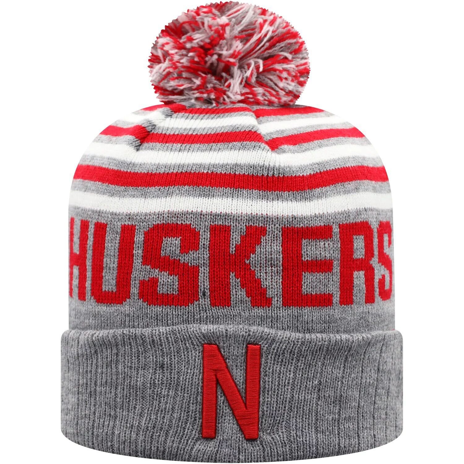 

Мужская вязаная шапка с манжетами и помпоном Top of the World Heathered Grey/Scarlet Nebraska Huskers Ensuing