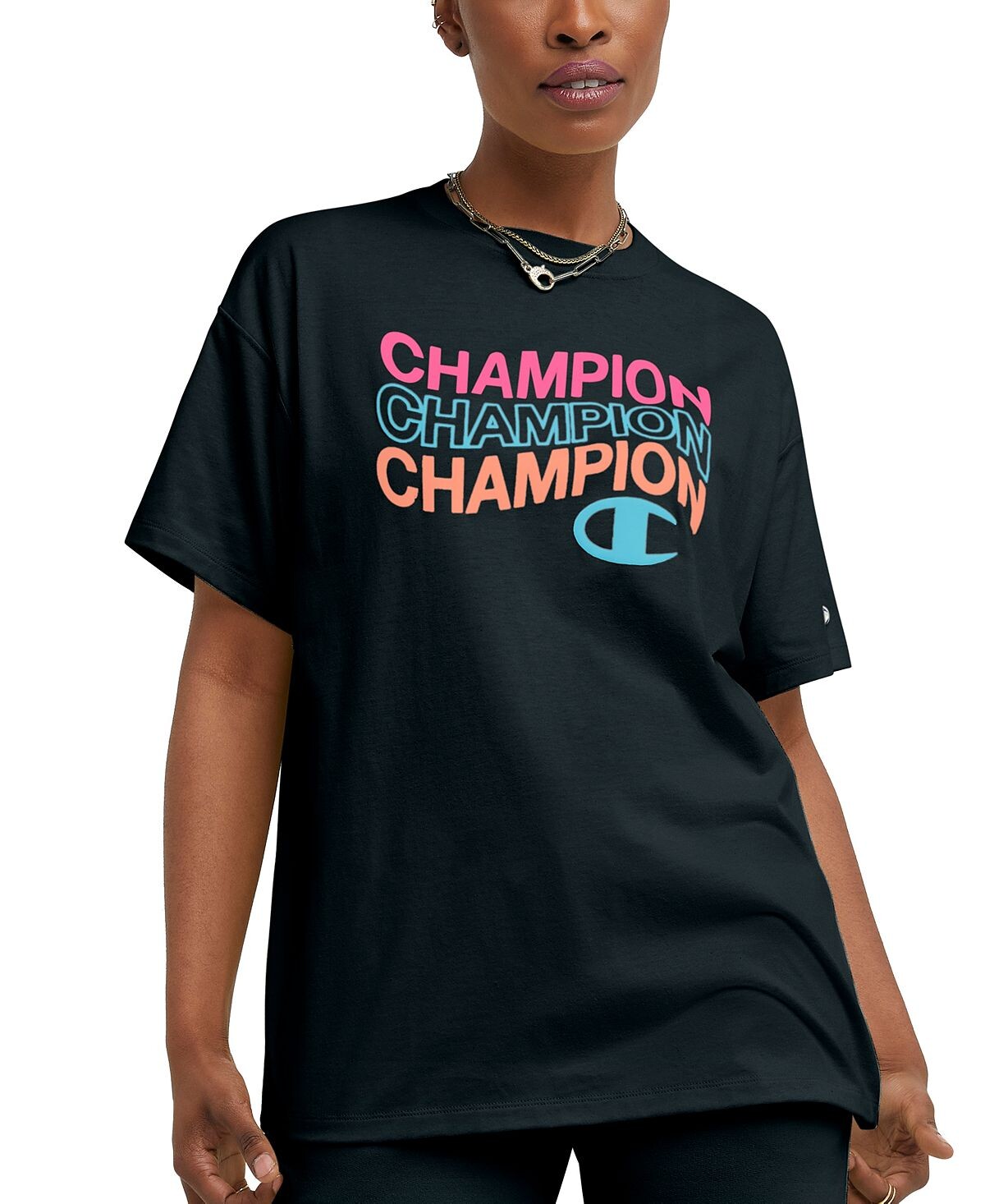 

Женская классическая футболка оверсайз с круглым вырезом и логотипом Champion, черный