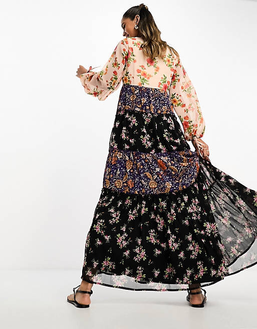 

Шифоновое платье макси со смешанным принтом на пуговицах ASOS DESIGN