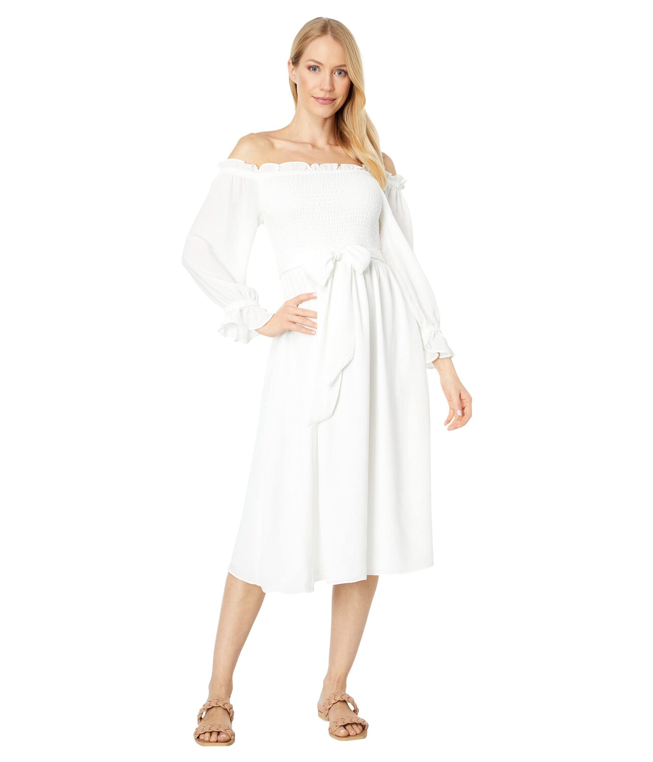 

Платье 1.STATE, Off Shoulder Bubble Sleeve Smocked Bodice Dress with Self Tie