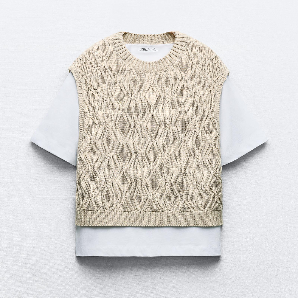 Комплект футболка с жилетом Zara Contrast Chunky Knit, 2 предмета, экрю футболка zara contrast chunky кремовый
