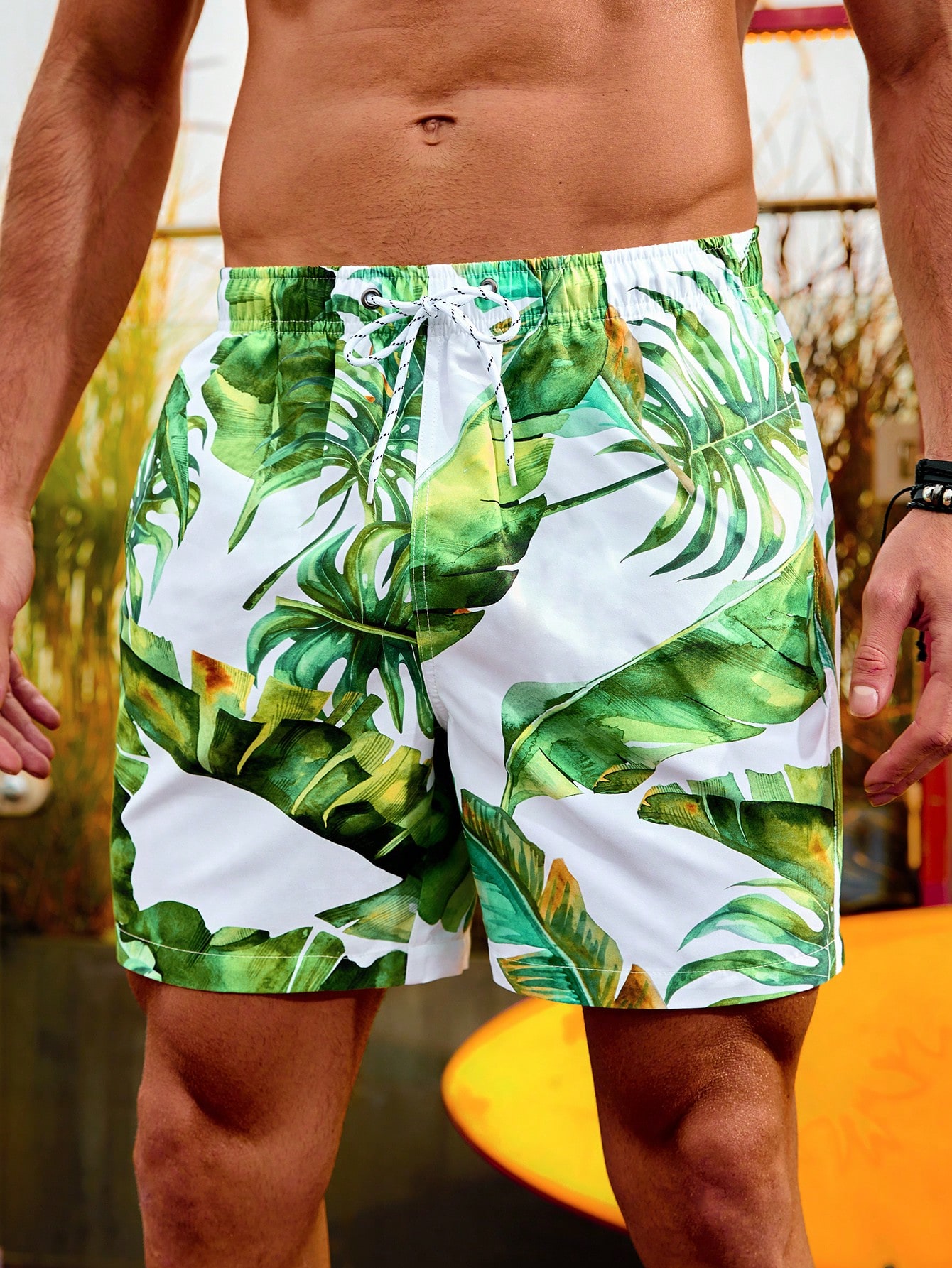 Мужские пляжные шорты на шнурке с растительным принтом, многоцветный
