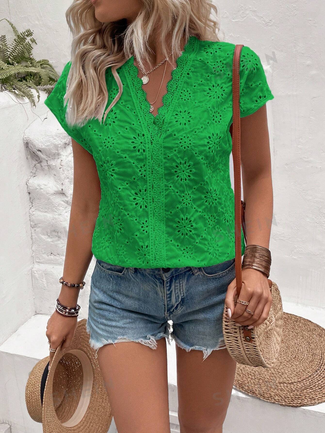 SHEIN LUNE Женская кружевная лоскутная рубашка с короткими рукавами и вышивкой, зеленый фото
